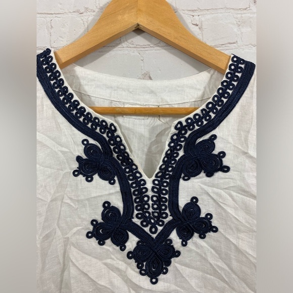 Symple NYC Tunic Womens Size Large White Linen Navy Blue Detail Boho Blouse Top - Picture 5 of 8